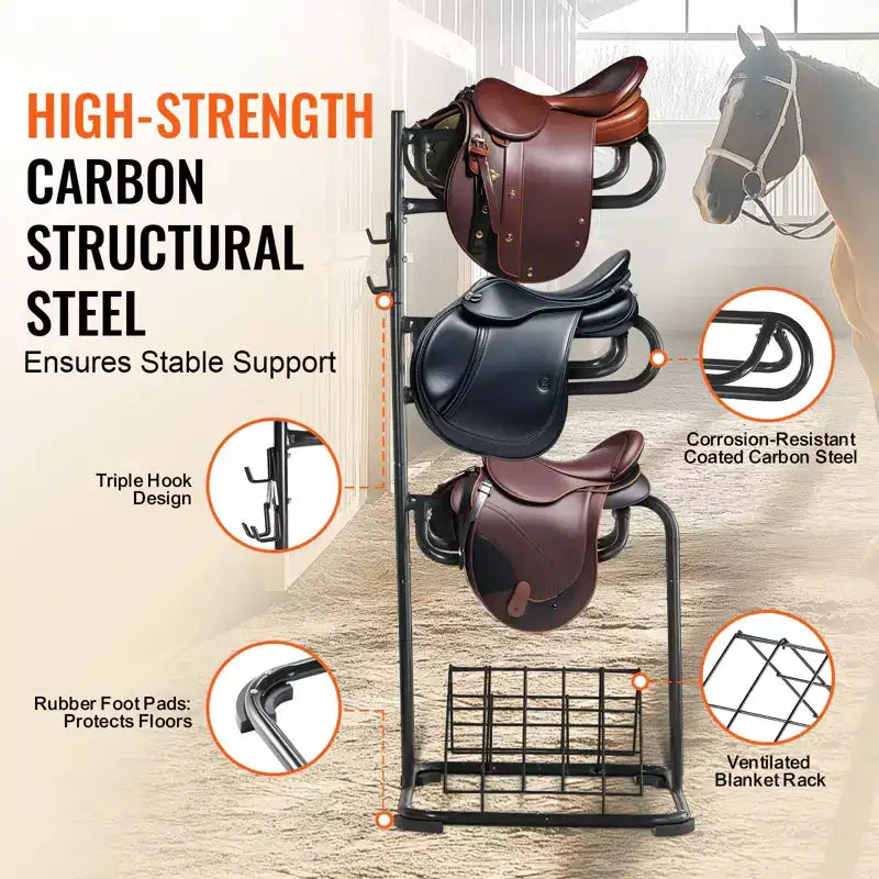 Support de selle autoportant, 30 x 30 x 68,5 po, support à selle à 3 niveaux, porte-couverture de selle robuste avec niveaux amovibles et rotatifs