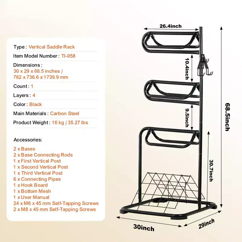 Support de selle autoportant, 30 x 30 x 68,5 po, support à selle à 3 niveaux, porte-couverture de selle robuste avec niveaux amovibles et rotatifs