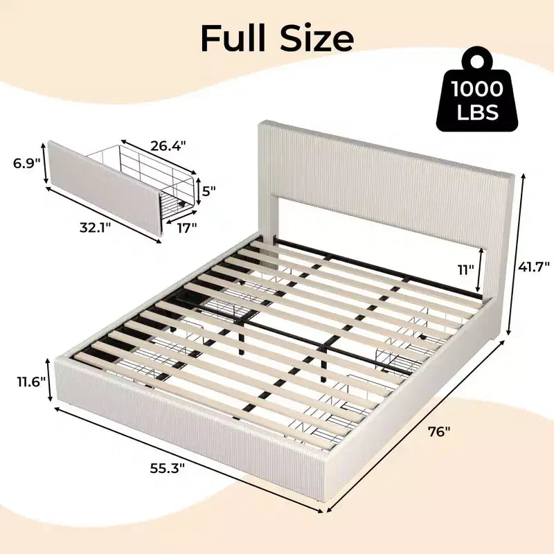 Lit avec 4 tiroirs de rangement et tête de lit capitonnée à oreilles - Support à lattes en bois, pas besoin de sommier tapissier, beige