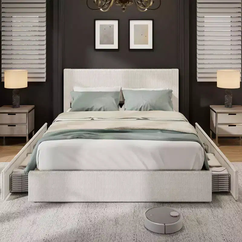Lit avec 4 tiroirs de rangement et tête de lit capitonnée à oreilles - Support à lattes en bois, pas besoin de sommier tapissier, beige