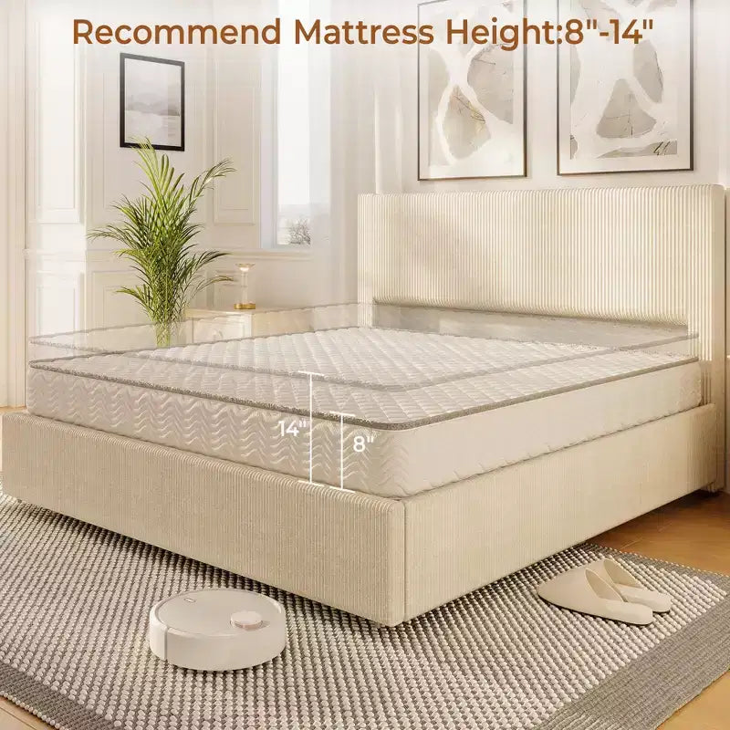 Lit avec 4 tiroirs de rangement et tête de lit capitonnée à oreilles - Support à lattes en bois, pas besoin de sommier tapissier, beige
