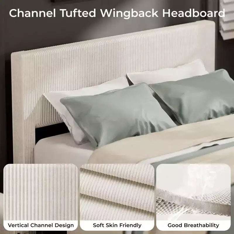 Lit avec 4 tiroirs de rangement et tête de lit capitonnée à oreilles - Support à lattes en bois, pas besoin de sommier tapissier, beige