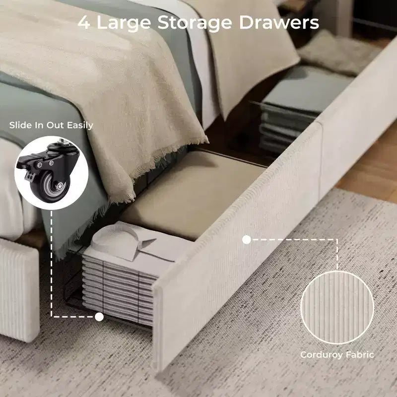 Lit avec 4 tiroirs de rangement et tête de lit capitonnée à oreilles - Support à lattes en bois, pas besoin de sommier tapissier, beige