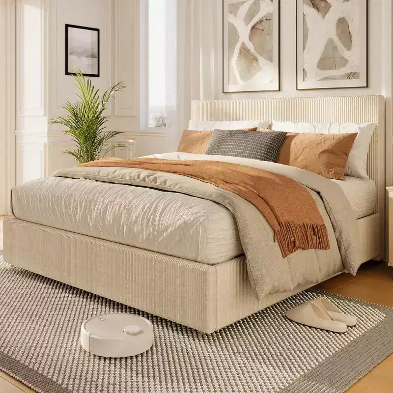 Lit avec 4 tiroirs de rangement et tête de lit capitonnée à oreilles - Support à lattes en bois, pas besoin de sommier tapissier, beige