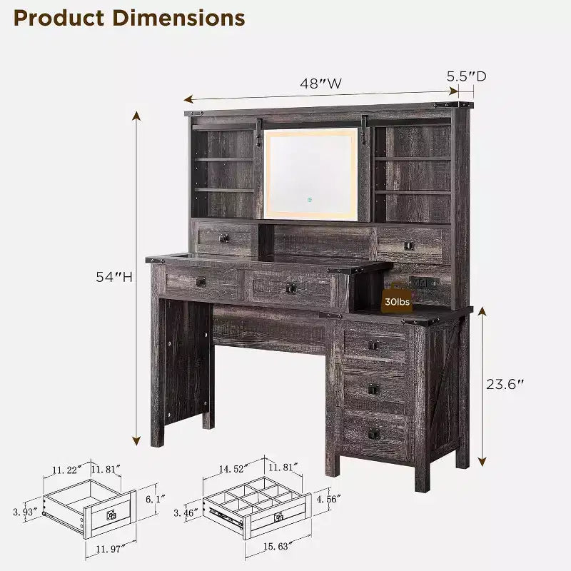 Coiffeuse de ferme de 122 cm avec miroirs coulissants haute définition, station de charge, lumières LED, 7 tiroirs et étagères, coiffeuse de chambre à coucher