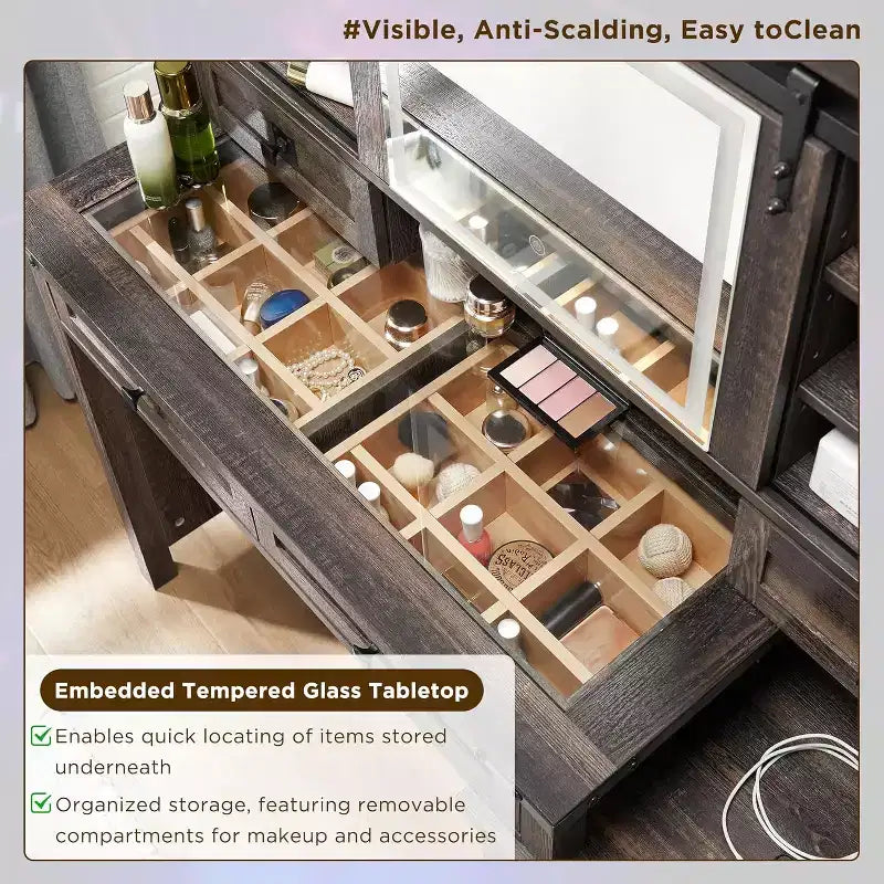 Coiffeuse de ferme de 122 cm avec miroirs coulissants haute définition, station de charge, lumières LED, 7 tiroirs et étagères, coiffeuse de chambre à coucher