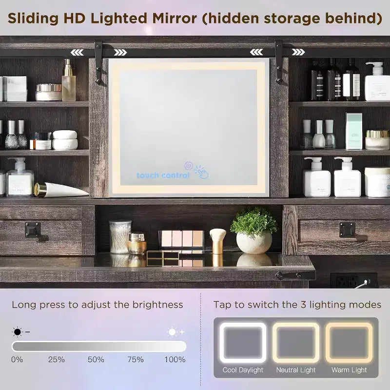 Coiffeuse de ferme de 122 cm avec miroirs coulissants haute définition, station de charge, lumières LED, 7 tiroirs et étagères, coiffeuse de chambre à coucher