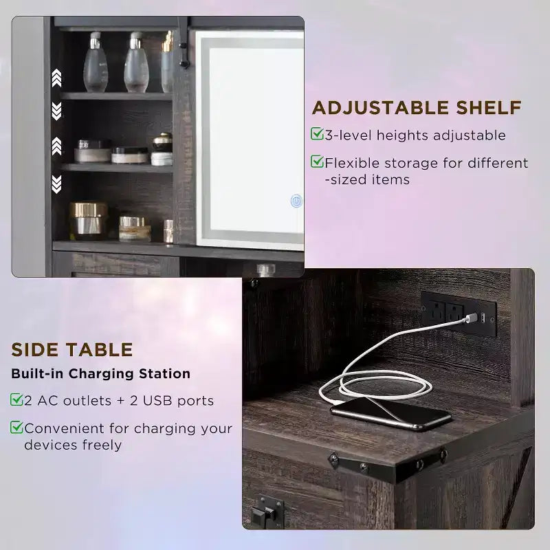 Coiffeuse de ferme de 122 cm avec miroirs coulissants haute définition, station de charge, lumières LED, 7 tiroirs et étagères, coiffeuse de chambre à coucher