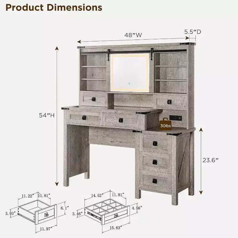 Coiffeuse de ferme de 122 cm avec miroirs coulissants haute définition, station de charge, lumières LED, 7 tiroirs et étagères, coiffeuse de chambre à coucher