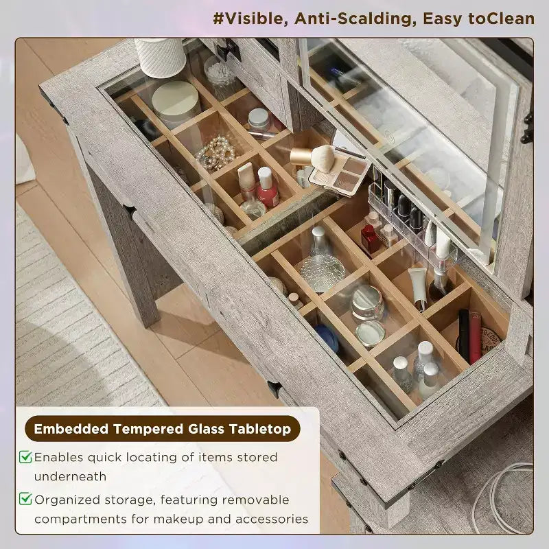 Coiffeuse de ferme de 122 cm avec miroirs coulissants haute définition, station de charge, lumières LED, 7 tiroirs et étagères, coiffeuse de chambre à coucher