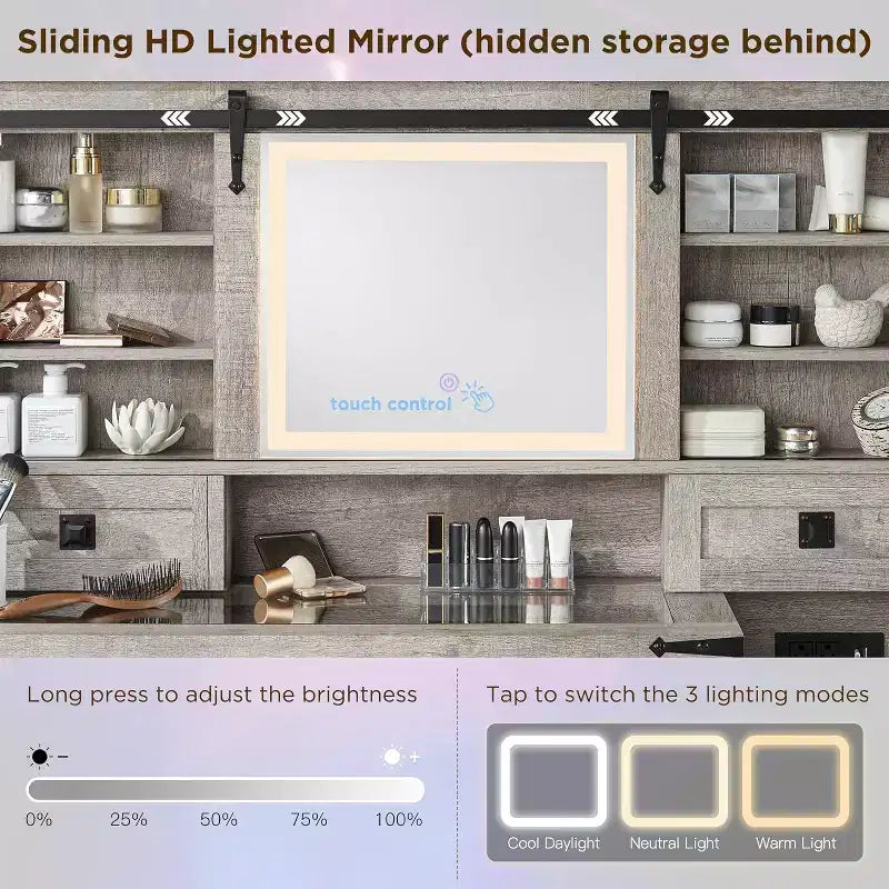 Coiffeuse de ferme de 122 cm avec miroirs coulissants haute définition, station de charge, lumières LED, 7 tiroirs et étagères, coiffeuse de chambre à coucher