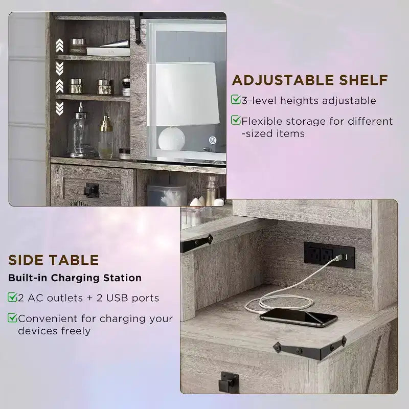 Coiffeuse de ferme de 122 cm avec miroirs coulissants haute définition, station de charge, lumières LED, 7 tiroirs et étagères, coiffeuse de chambre à coucher