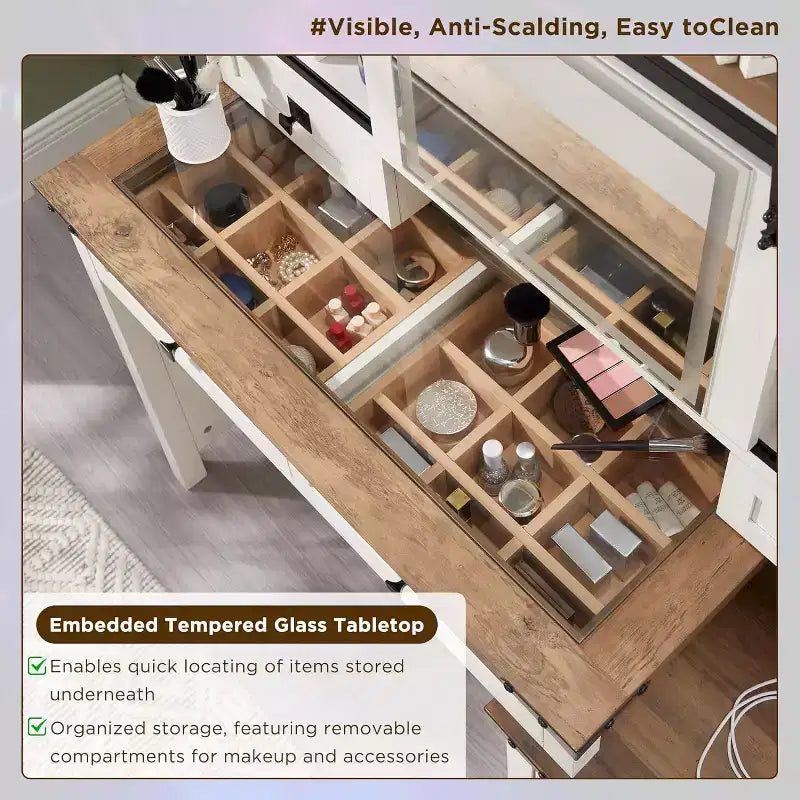Coiffeuse de ferme de 122 cm avec miroirs coulissants haute définition, station de charge, lumières LED, 7 tiroirs et étagères, coiffeuse de chambre à coucher