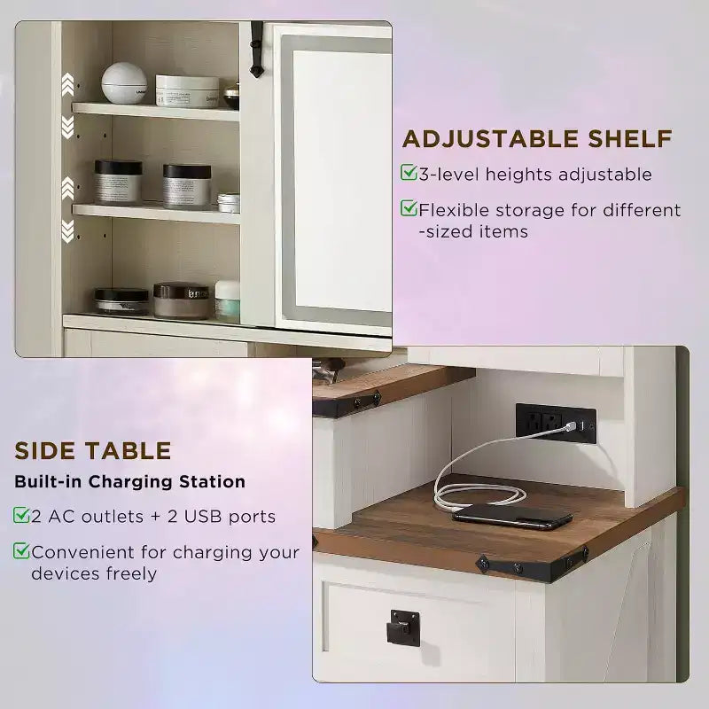 Coiffeuse de ferme de 122 cm avec miroirs coulissants haute définition, station de charge, lumières LED, 7 tiroirs et étagères, coiffeuse de chambre à coucher