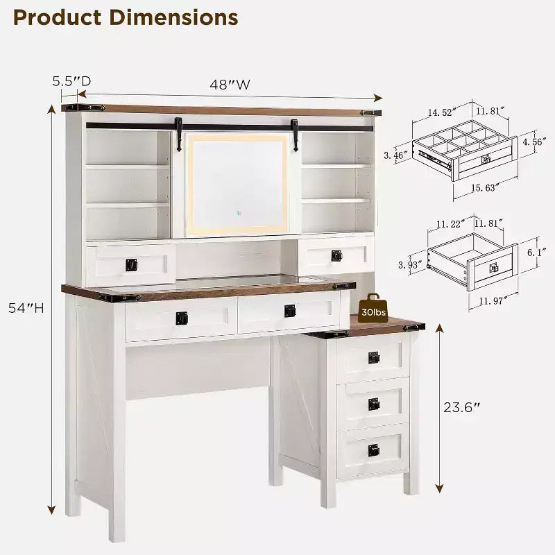 Coiffeuse de ferme de 122 cm avec miroirs coulissants haute définition, station de charge, lumières LED, 7 tiroirs et étagères, coiffeuse de chambre à coucher