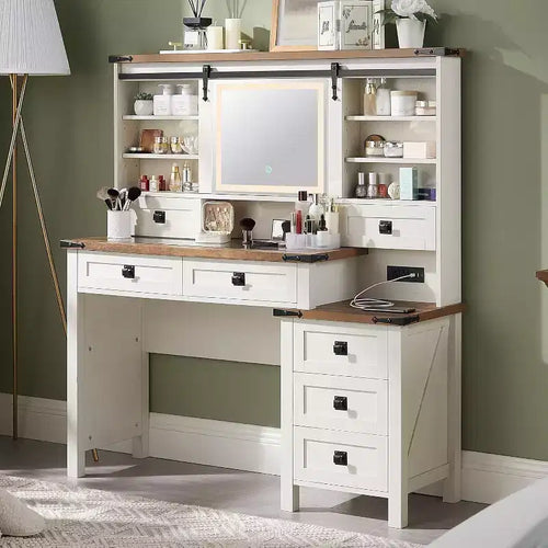 SinCiDo 48 Farmhouse Makeup Vanity Desk w/ Sliding High Definition Mirrors, Charging Station, LED Lights, 7 Drawers & Shelves, Bedroom Vanity Desk