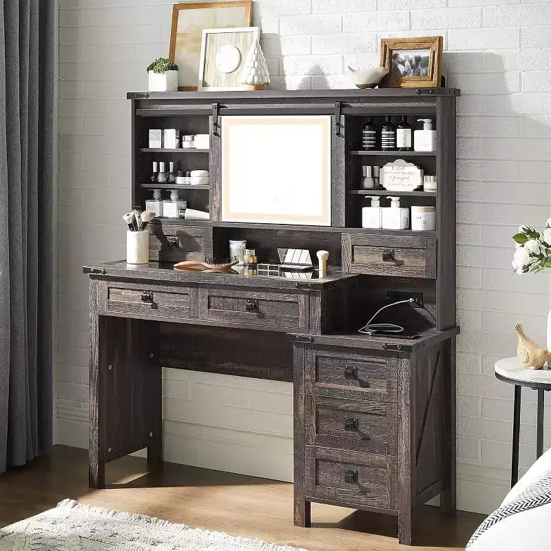 Coiffeuse de ferme de 122 cm avec miroirs coulissants haute définition, station de charge, lumières LED, 7 tiroirs et étagères, coiffeuse de chambre à coucher