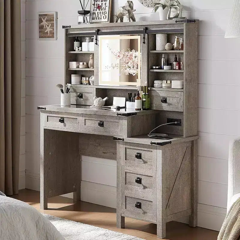 Coiffeuse de ferme de 122 cm avec miroirs coulissants haute définition, station de charge, lumières LED, 7 tiroirs et étagères, coiffeuse de chambre à coucher
