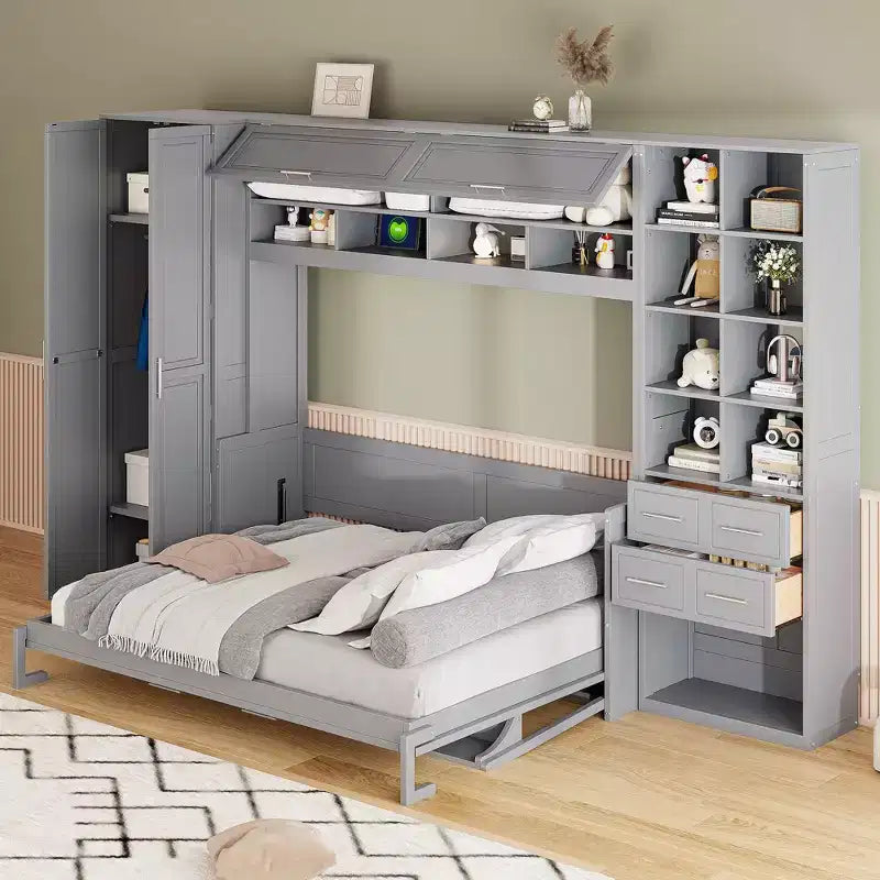 Lit mural escamotable Queen Size avec armoire intégrée, tiroirs et étagères ouvertes, armoire de rangement peu encombrante, gris/blanc