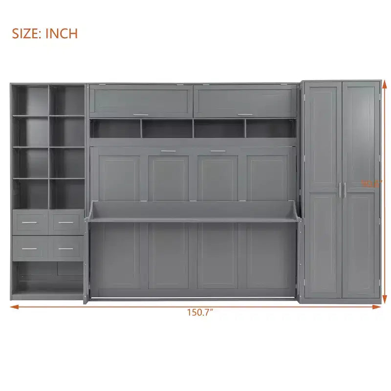 Lit mural escamotable Queen Size avec armoire intégrée, tiroirs et étagères ouvertes, armoire de rangement peu encombrante, gris/blanc