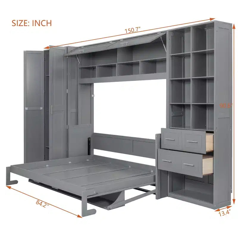 Lit mural escamotable Queen Size avec armoire intégrée, tiroirs et étagères ouvertes, armoire de rangement peu encombrante, gris/blanc