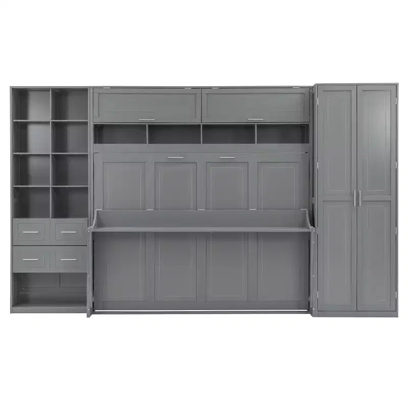 Lit mural escamotable Queen Size avec armoire intégrée, tiroirs et étagères ouvertes, armoire de rangement peu encombrante, gris/blanc