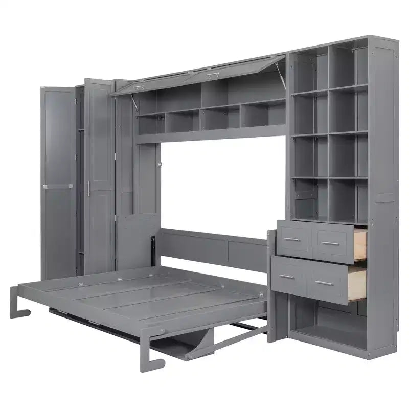 Lit mural escamotable Queen Size avec armoire intégrée, tiroirs et étagères ouvertes, armoire de rangement peu encombrante, gris/blanc