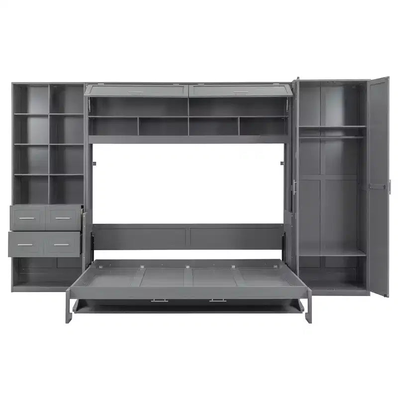 Lit mural escamotable Queen Size avec armoire intégrée, tiroirs et étagères ouvertes, armoire de rangement peu encombrante, gris/blanc