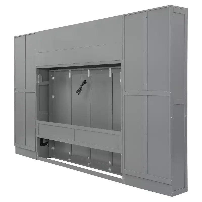 Lit mural escamotable Queen Size avec armoire intégrée, tiroirs et étagères ouvertes, armoire de rangement peu encombrante, gris/blanc