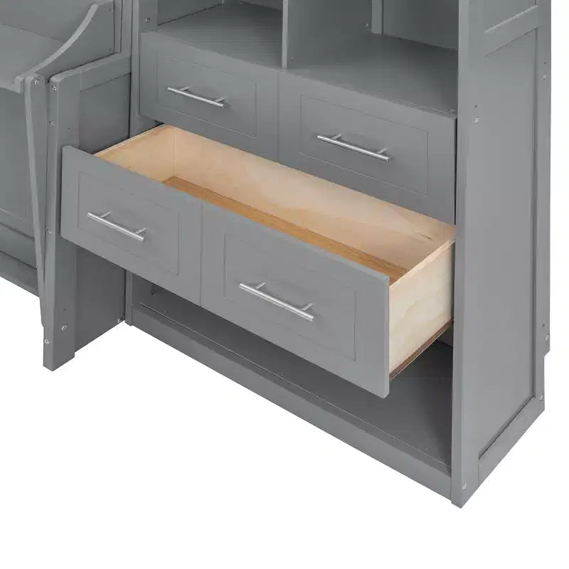 Lit mural escamotable Queen Size avec armoire intégrée, tiroirs et étagères ouvertes, armoire de rangement peu encombrante, gris/blanc