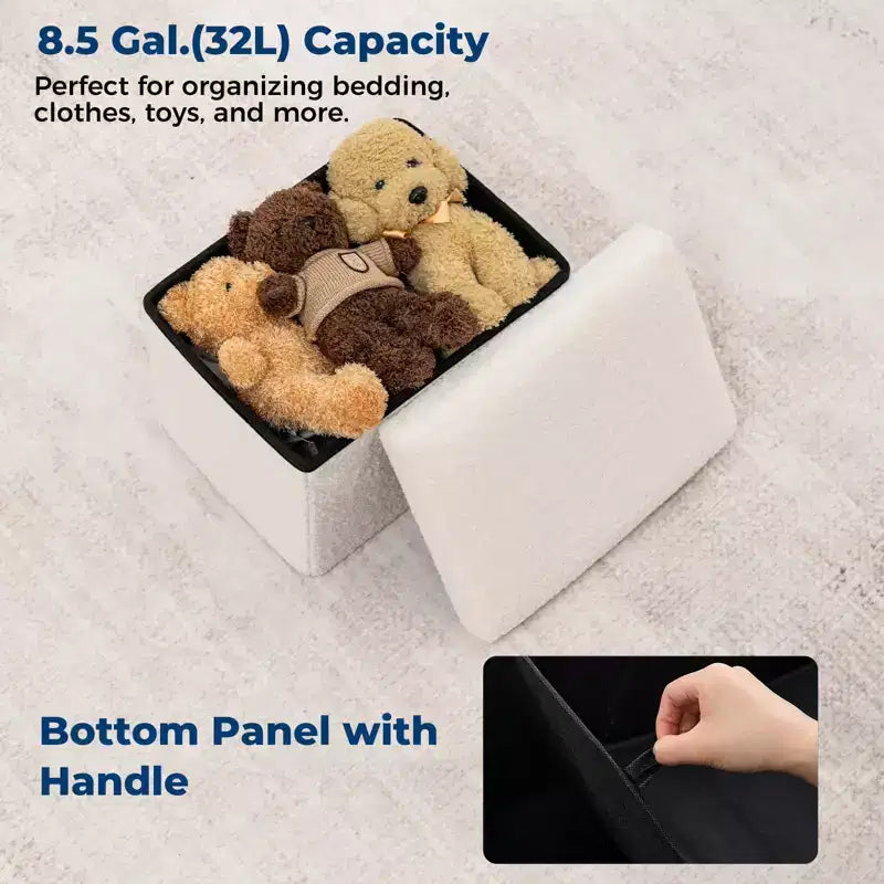 Banc de rangement pliant en fausse fourrure de mouton, pouf coffre à jouets, supporte jusqu'à 150 kg pour chambre et salon
