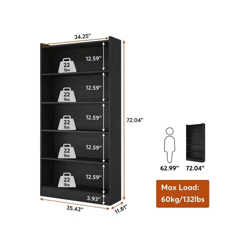 Bibliothèque haute à 6 étagères ouvertes – 10 kg par étagère – Panneaux latéraux supérieurs anti-chute