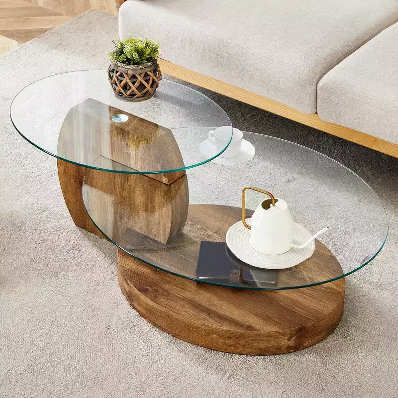 Table basse ovale avec double plateau, table basse de cocktail en verre, table d'appoint de canapé, table basse centrale, marbre
