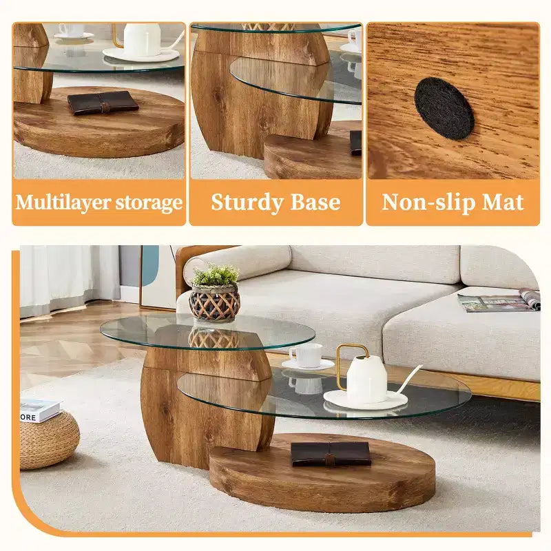 Table basse ovale avec double plateau, table basse de cocktail en verre, table d'appoint de canapé, table basse centrale, marbre