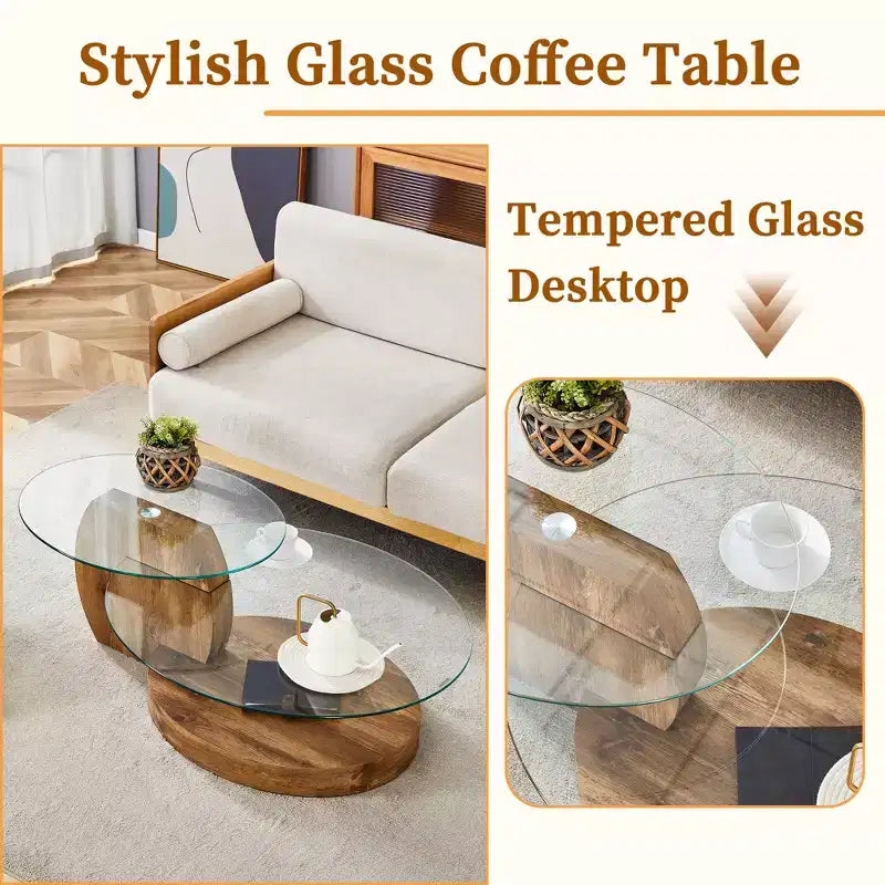 Table basse ovale avec double plateau, table basse de cocktail en verre, table d'appoint de canapé, table basse centrale, marbre