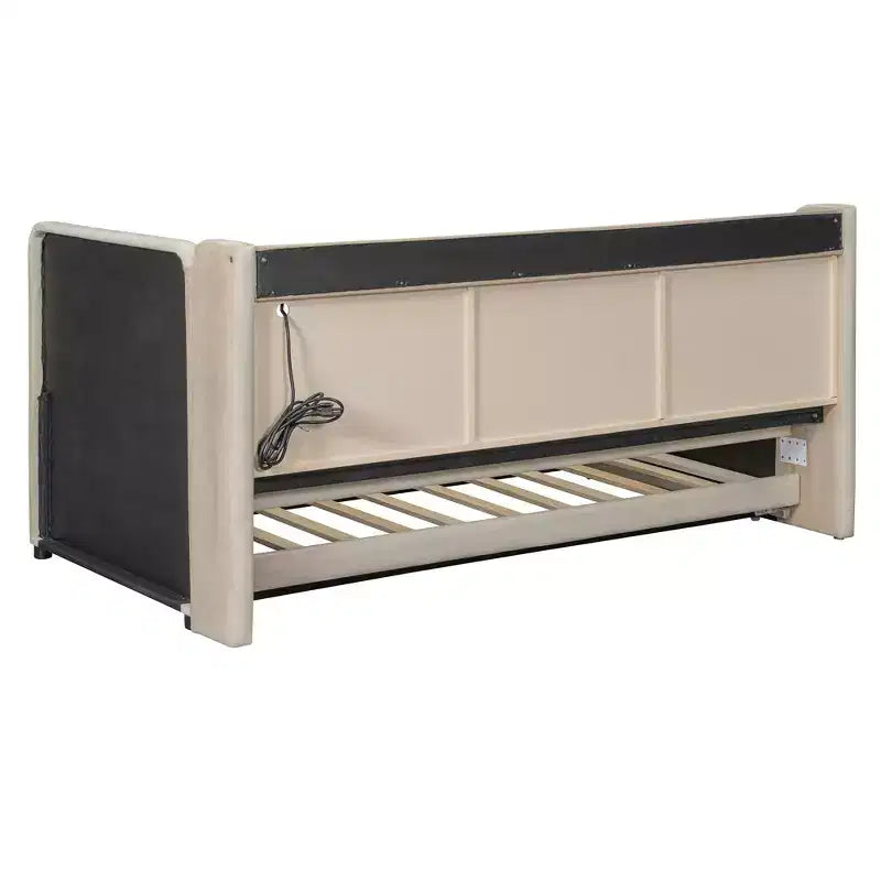 Lit de repos double rembourré avec lit gigogne, étagères de rangement, ports USB et prise, beige/gris