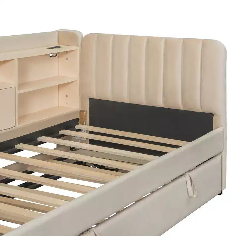 Lit de repos double rembourré avec lit gigogne, étagères de rangement, ports USB et prise, beige/gris