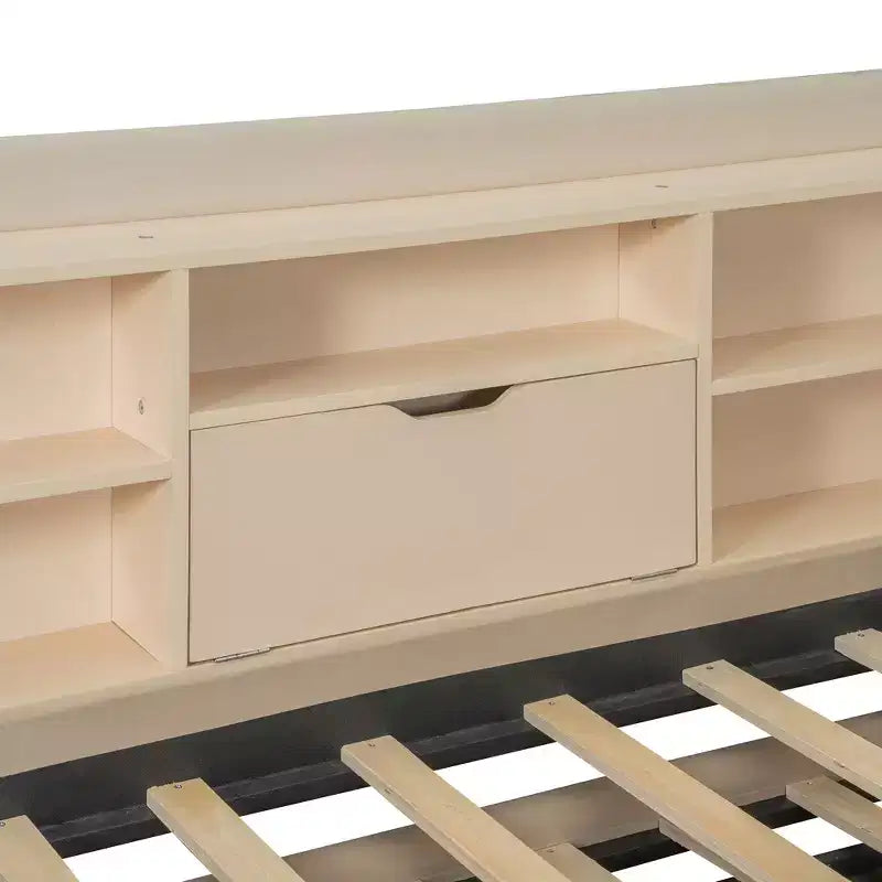 Lit de repos double rembourré avec lit gigogne, étagères de rangement, ports USB et prise, beige/gris