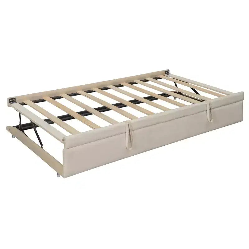 Lit de repos double rembourré avec lit gigogne, étagères de rangement, ports USB et prise, beige/gris