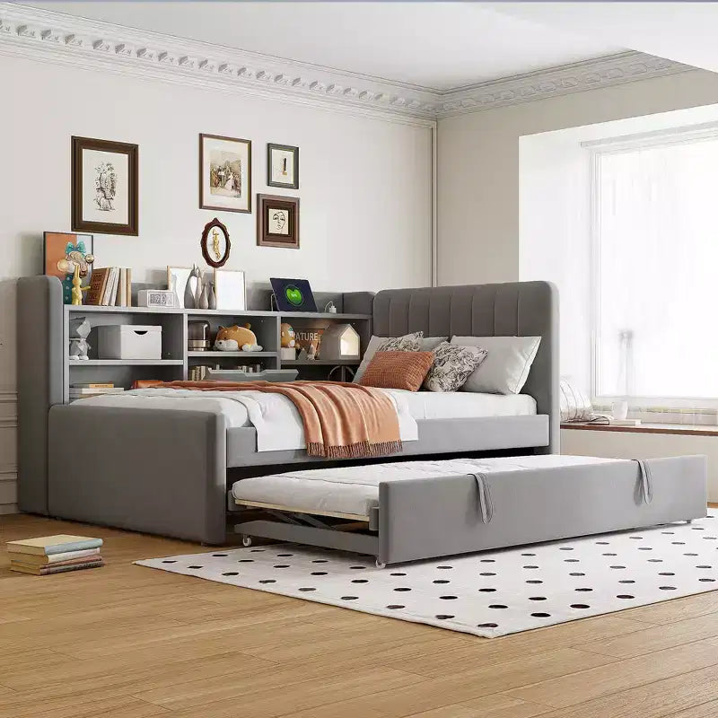 Lit de repos double rembourré avec lit gigogne, étagères de rangement, ports USB et prise, beige/gris