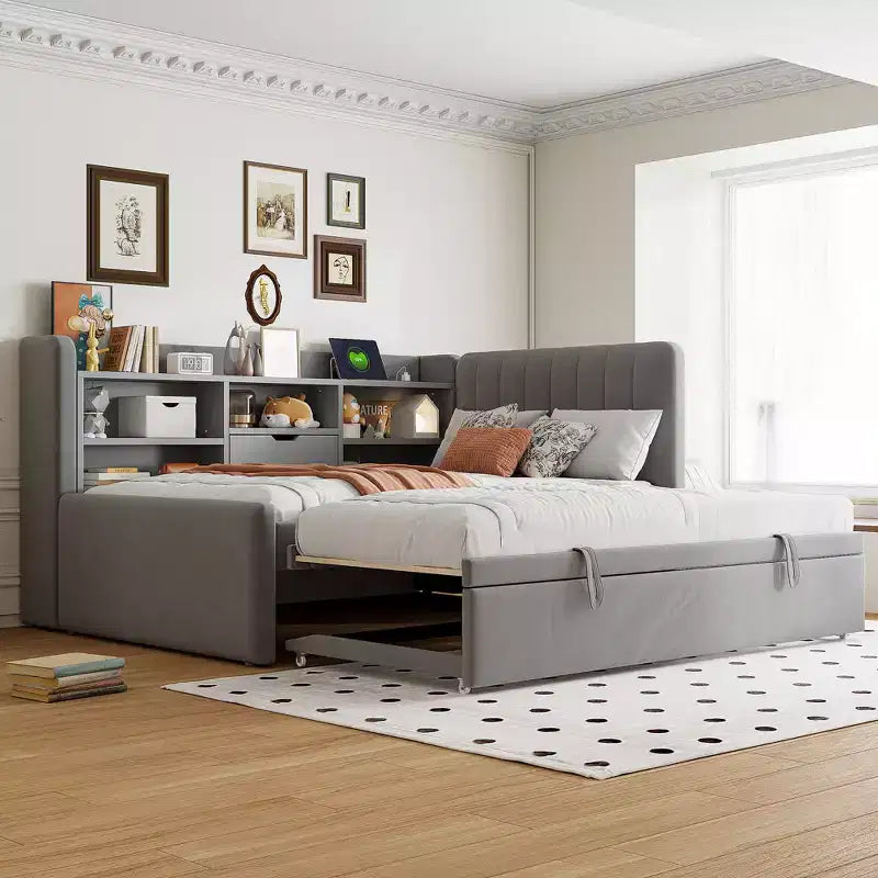 Lit de repos double rembourré avec lit gigogne, étagères de rangement, ports USB et prise, beige/gris