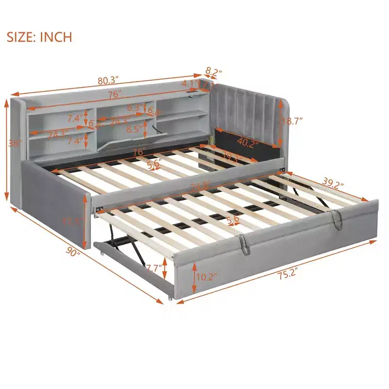 Lit de repos double rembourré avec lit gigogne, étagères de rangement, ports USB et prise, beige/gris