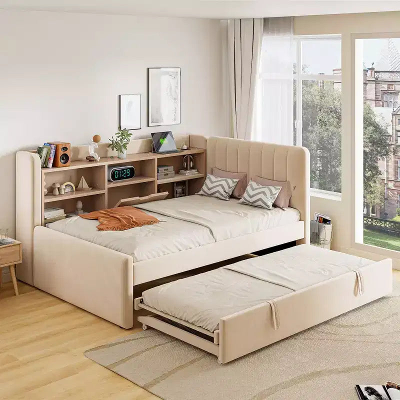 Lit de repos double rembourré avec lit gigogne, étagères de rangement, ports USB et prise, beige/gris
