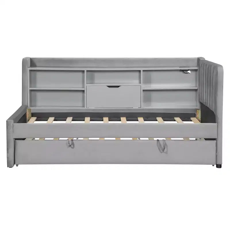 Lit de repos double rembourré avec lit gigogne, étagères de rangement, ports USB et prise, beige/gris