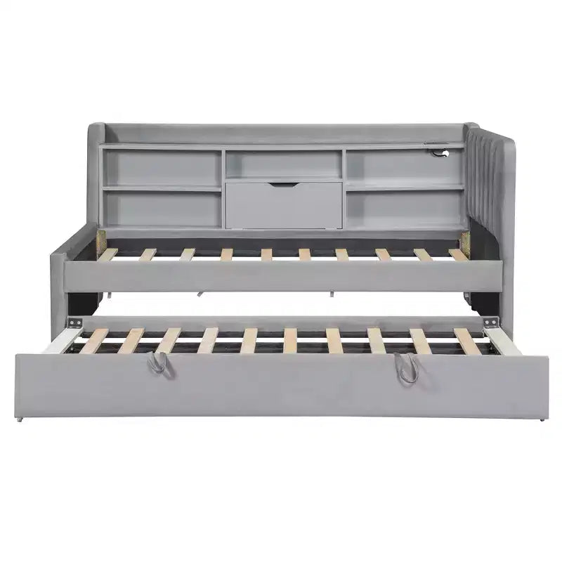 Lit de repos double rembourré avec lit gigogne, étagères de rangement, ports USB et prise, beige/gris