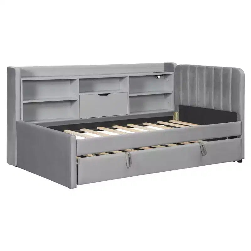 Lit de repos double rembourré avec lit gigogne, étagères de rangement, ports USB et prise, beige/gris