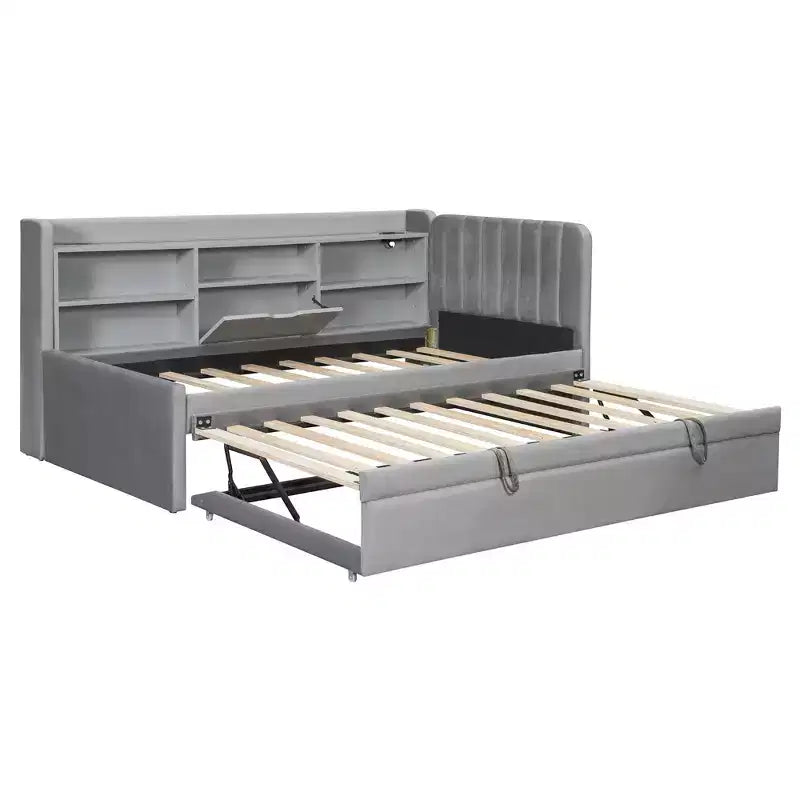 Lit de repos double rembourré avec lit gigogne, étagères de rangement, ports USB et prise, beige/gris