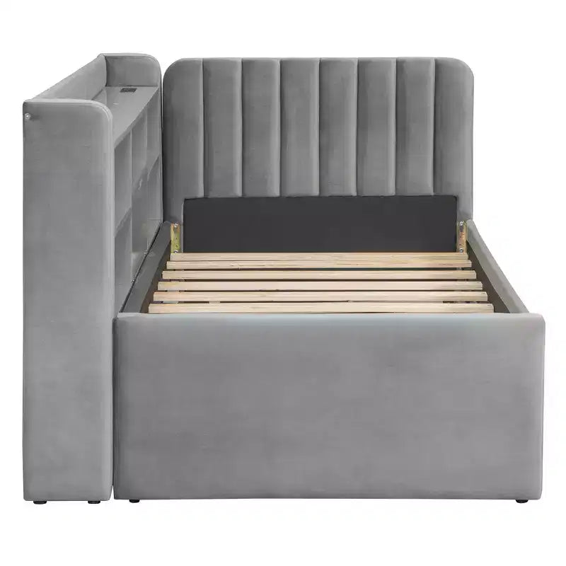 Lit de repos double rembourré avec lit gigogne, étagères de rangement, ports USB et prise, beige/gris