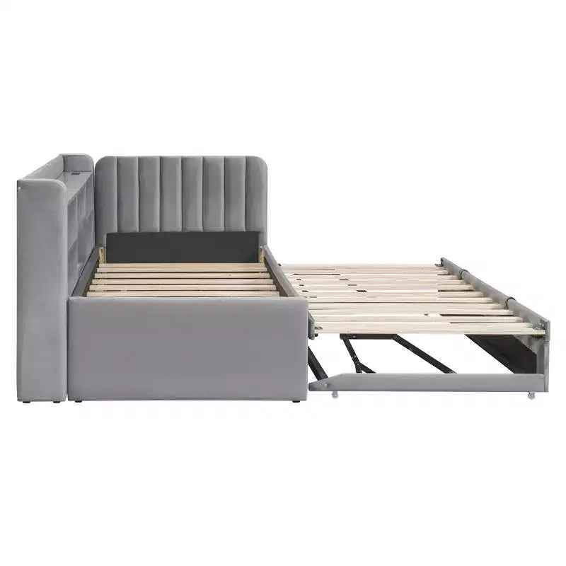 Lit de repos double rembourré avec lit gigogne, étagères de rangement, ports USB et prise, beige/gris