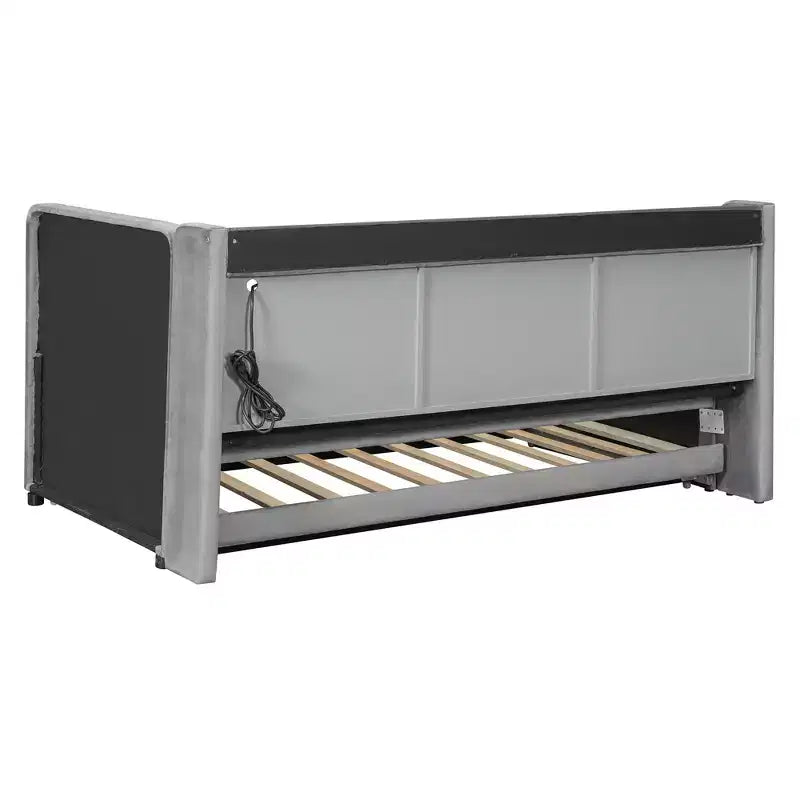 Lit de repos double rembourré avec lit gigogne, étagères de rangement, ports USB et prise, beige/gris